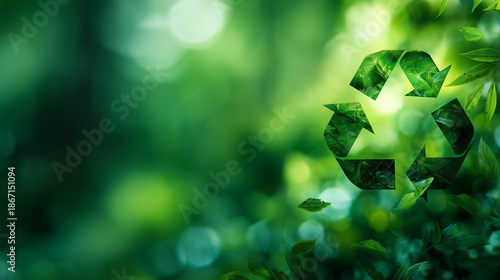 Green recycling symbol made of leaves on blurred forest background for eco sustainability concept