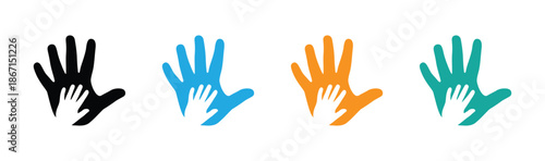 hand prints representing childhood support design, Charity icons set.  shows the relationship between parent and children. Colorful hand icons in different colors for support and teamwork.  