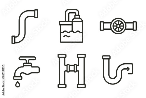 Collection of plumbing icons including pipes, faucets, and water tank