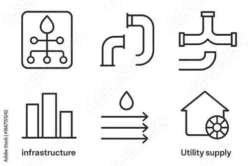 Utility infrastructure icons set with water supply and pipe designs