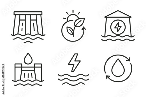 Hydropower and renewable energy icons: sustainability and eco symbol set