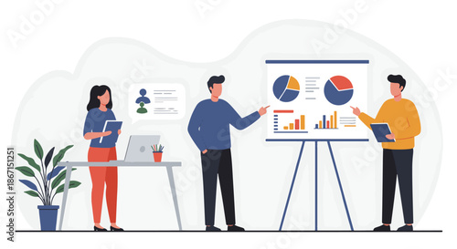 Illustration of a business team giving a presentation with charts and data analysis