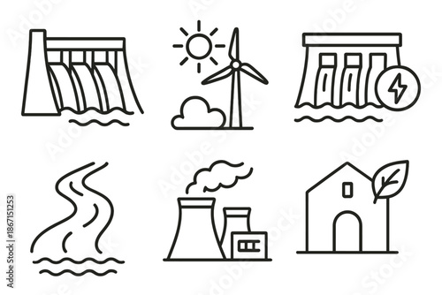 Renewable energy icons: hydropower, wind, solar, river, nuclear, eco home