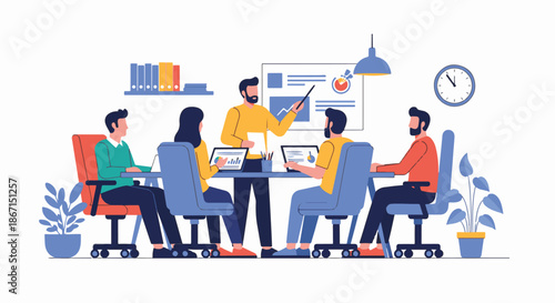 Illustration of a business team during a presentation in a modern office setting.