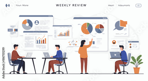 Illustration of a business team conducting a weekly review meeting with charts and graphs