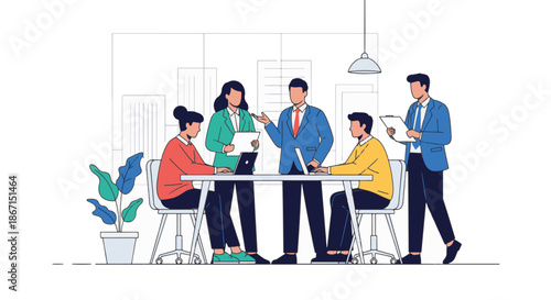 Illustration of a business team collaborating around a table in an office environment