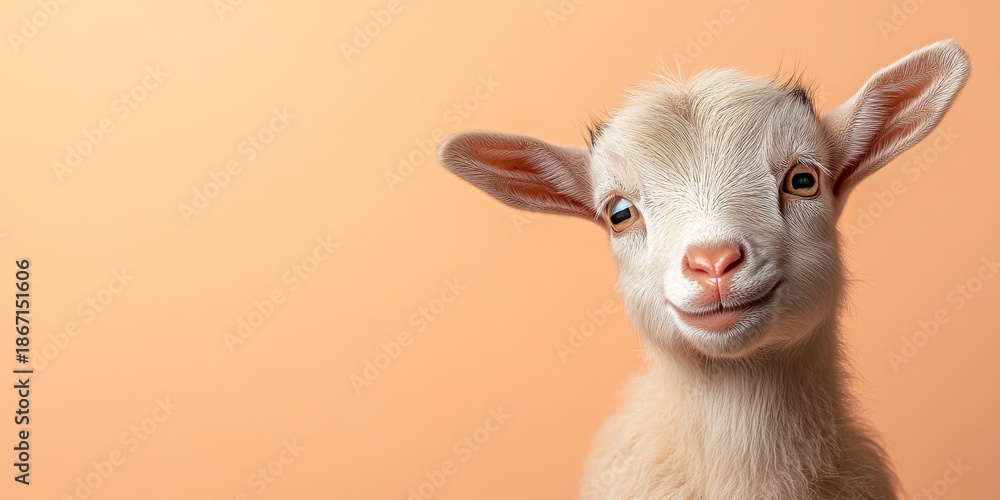 Fototapeta premium Adorable white baby goat smiling on an orange background