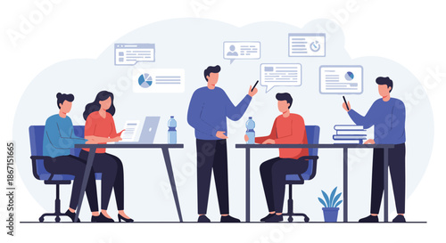 Illustration of a business team brainstorming during a meeting in a modern office setting