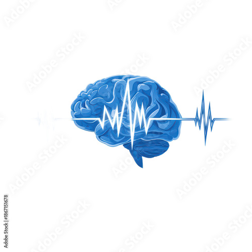 Blue Brain Illustration with Heartbeat Waves in Creative Design