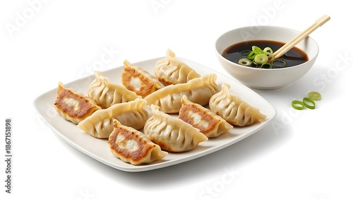 Pan-fried dumplings on a plate with soy sauce