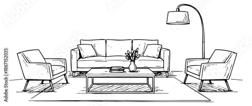 Hand drawn line art living room interior set featuring a sofa, armchairs, coffee table, and lamp for home decor concepts