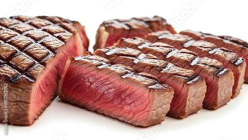 Sliced grilled steak with pink center on white background
