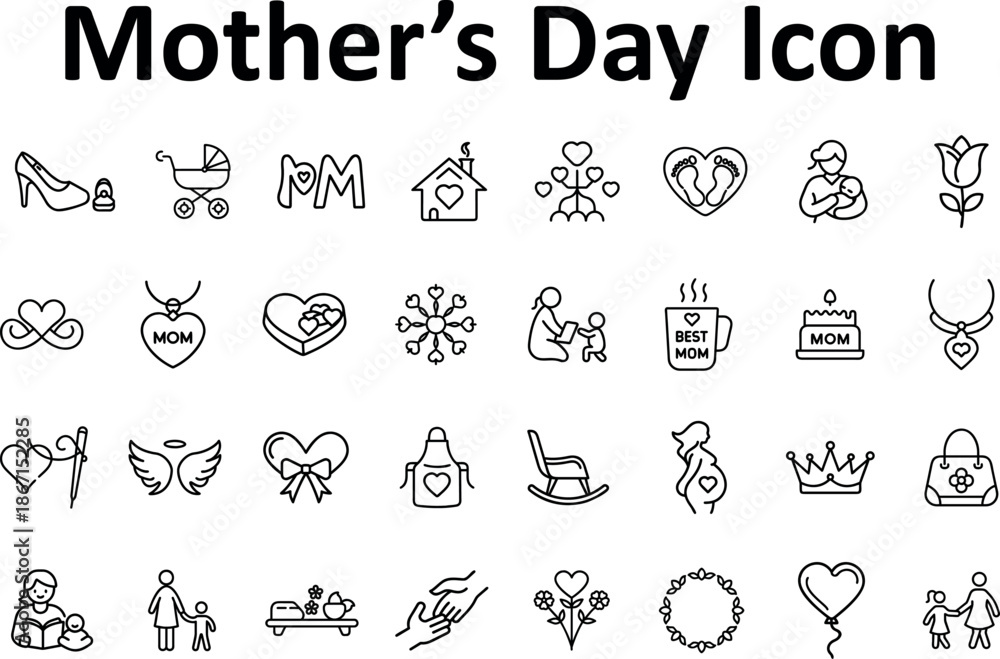 Fototapeta premium Mothers day icon set collection of line art symbols for motherhood, family, love, and celebration isolated on transparent background