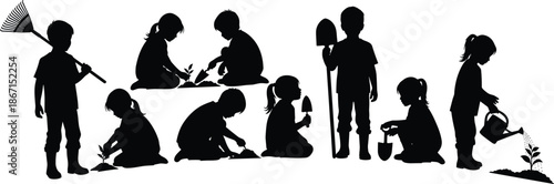 Silhouettes of children gardening, planting seedlings, digging soil, watering young plants, kids nature activity, environmental education vector illustration set