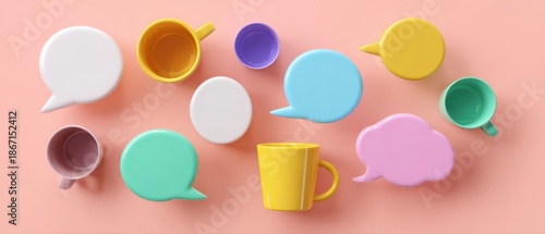 Colorful speech bubbles with coffee cups on pastel background
