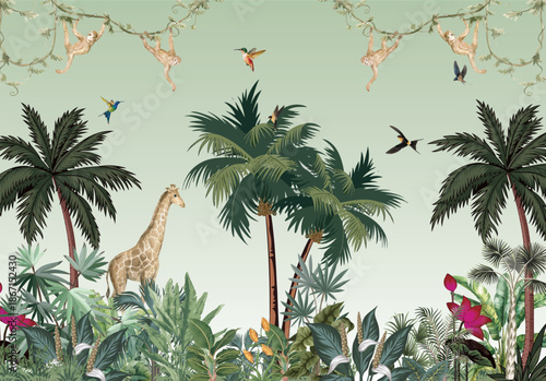 Wallpaper With A Dreamy Jungle And Palm Trees In Neutral Tones, Wallpaper, Dreamy Jungle, Palm Trees Background Image And Wallpaper
