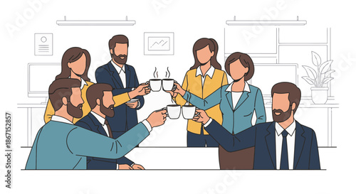 Group of diverse business people toasting with coffee cups in modern office setting