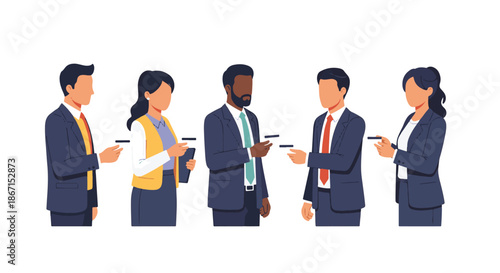 Group of diverse business professionals exchanging business cards in a collaborative environment.