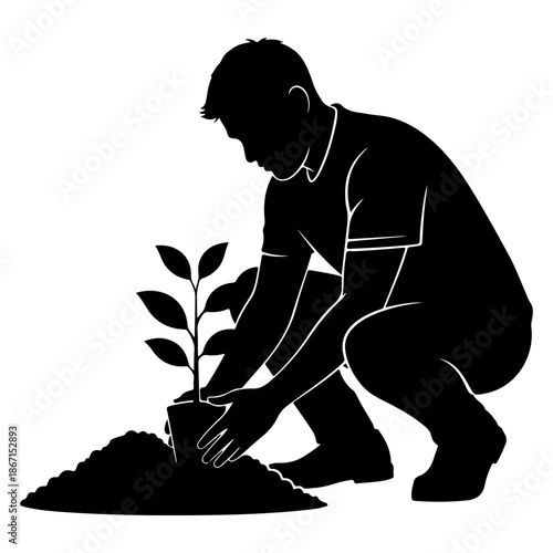 Man planting a sapling in the soil for growth and nature Vector