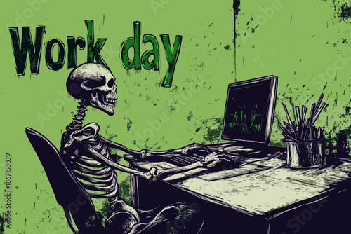 Funny Skeleton Working on a Computer in Spooky Green Theme