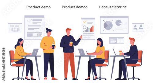 Flat vector illustration of a product demo presentation with people in a meeting room.