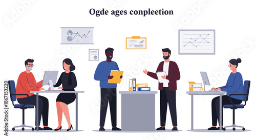 Diverse team of professionals working together in a modern office environment illustration