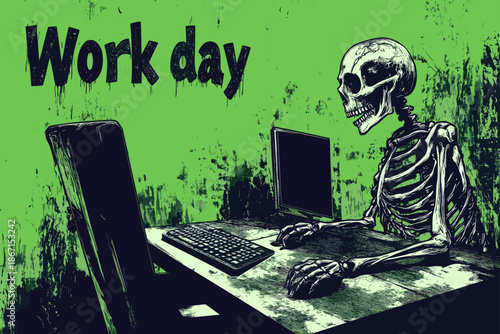 Funny Skeleton Working on a Computer in Spooky Green Theme