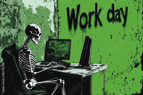 Funny Skeleton Working on a Computer in Spooky Green Theme