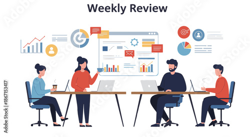 Diverse team of professionals conducting a weekly business review meeting with data analysis.