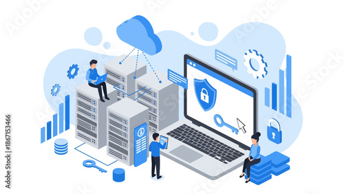 Modern isometric vector illustration depicting cloud computing infrastructure, secure server management, cybersecurity data protection, and network analytics for digital business technology