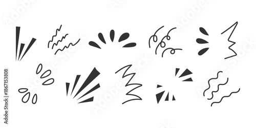 Hand drawn doodle accents. Expressive playful highlights. Sketchy design accent collection. Sparkle explosion shine motion burst comic element