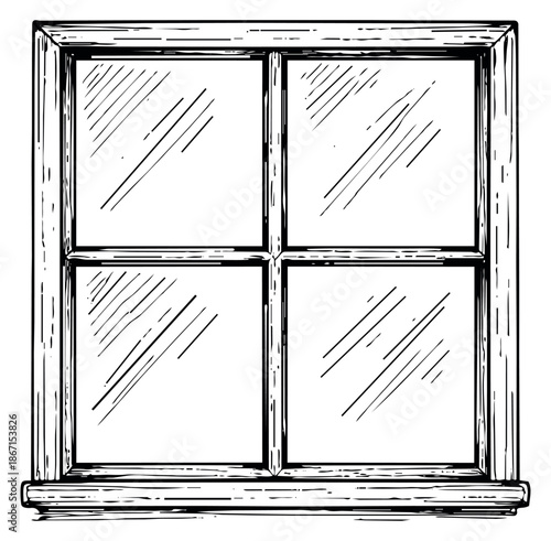 Hand drawn line art illustration of a window depicting a classic four pane wooden frame for architectural design