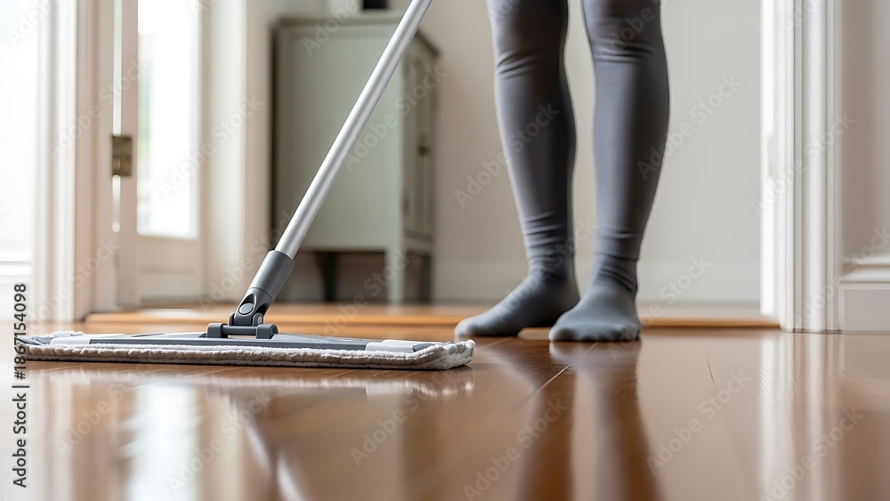 Fototapeta premium Person in gray leggings mopping wooden floor with a gray mop