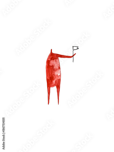 Hand paint watercolor stick figure illustration. Watercolor people. Man with flag. Holiday time. 