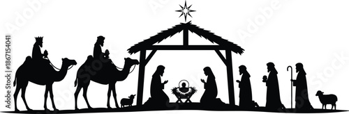 Christmas Nativity Silhouette Illustration featuring Manger, Mary, Joseph and Baby Jesus