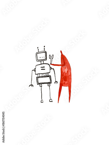 Hand paint watercolor stick figure illustration. Watercolor people. Man with robot.