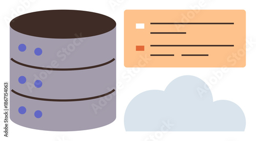 Cloud computing, data storage, online services, technology infrastructure, digital platforms, internet applications. A database icon, cloud symbol and information card. Cloud computing and data