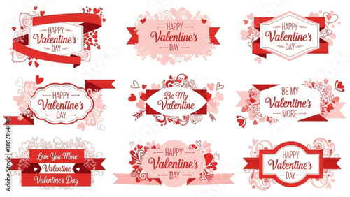 Collection of nine valentines day labels with ribbons and hearts on white background for love and romance greeting cards with valentine s day