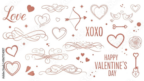 Valentine's day themed vector graphics with hearts love symbols and romantic phrases on white background for valentine's day and love themed designs