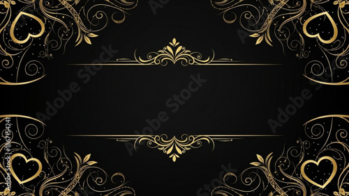 Elegant gold heart frame with floral design on black background for luxury invitations or announcements with elegant frame and gold heart design
