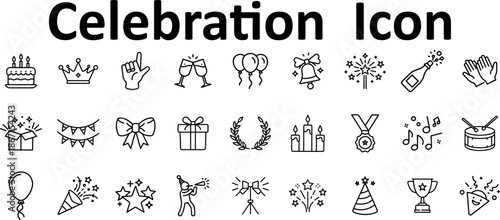 Set of hand drawn celebration icons for party, birthday, anniversary, and holiday design elements isolated on transparent background