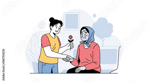 Smiling young woman giving a flower to a senior woman in a cozy living room setting with a warm atmosphere and friendly interaction with care
