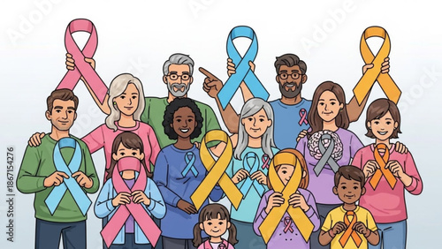 Diverse group of people holding colorful awareness ribbons for cancer support and health causes with cancer awareness and support group and health awareness