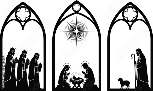 Christmas, Holiday, Festive, Winter, Nativity, Jesus, Mary, Joseph, Wise, Men, Shepherd, Lamb, Star, Bethlehem, Religion, Faith, Church, Window, Silhouette, Vector, Illustration