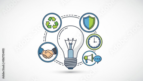 Business concept with light bulb and icons representing ideas and innovation with sustainability and security and strategy and planning and recycling