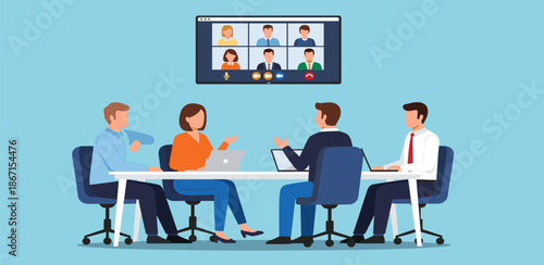 Hybrid team meeting combining in-person collaboration with remote participants on a large screen for effective business communication and teamwork
