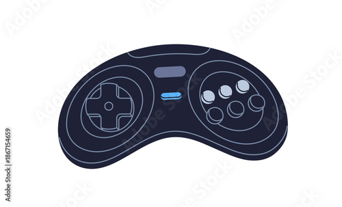 Video game console, videogame controller. 2000s gamepad, playing device. Retro nostalgic gaming joypad, gamers play station with action buttons. Flat vector illustration isolated on white background.