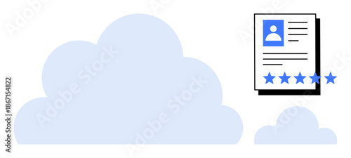 Digital concept showing clouds with profile document containing five-star ratings. Ideal for cloud computing, data storage, online profiling, security, customer satisfaction, and digital management