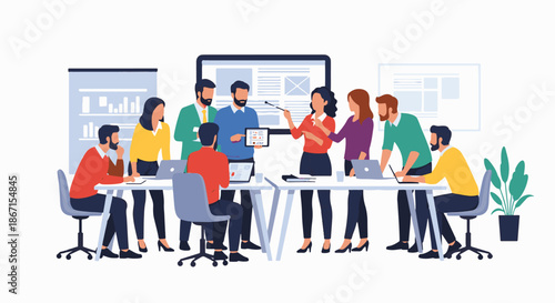 Diverse team members collaborating during a business meeting in a modern office setting