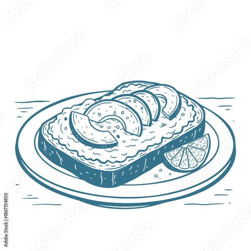 Avocado Toast Hand Drawn Sketch.Healthy Breakfast Line Art.Vegan Toast Vector Illustration.Engraving Style Food Graphic.Simple Brunch Snack Outline